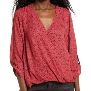 New All in Favor Nordstrom Faux Wrap Top Blouse in Rose Black Speckled